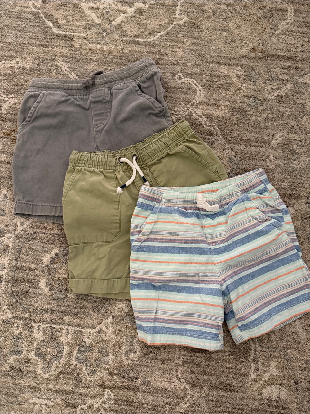Kids Cotton Drawstring Shorts - Gray, Olive & Striped Blue
